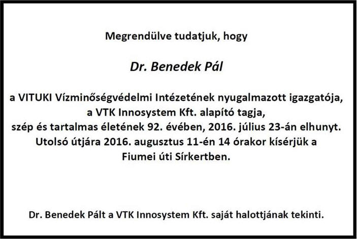 Gyászjelentés Dr. Benedek Pál 2016.07.26